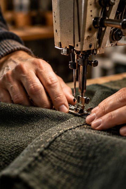 Tela verde en una máquina de coser industrial